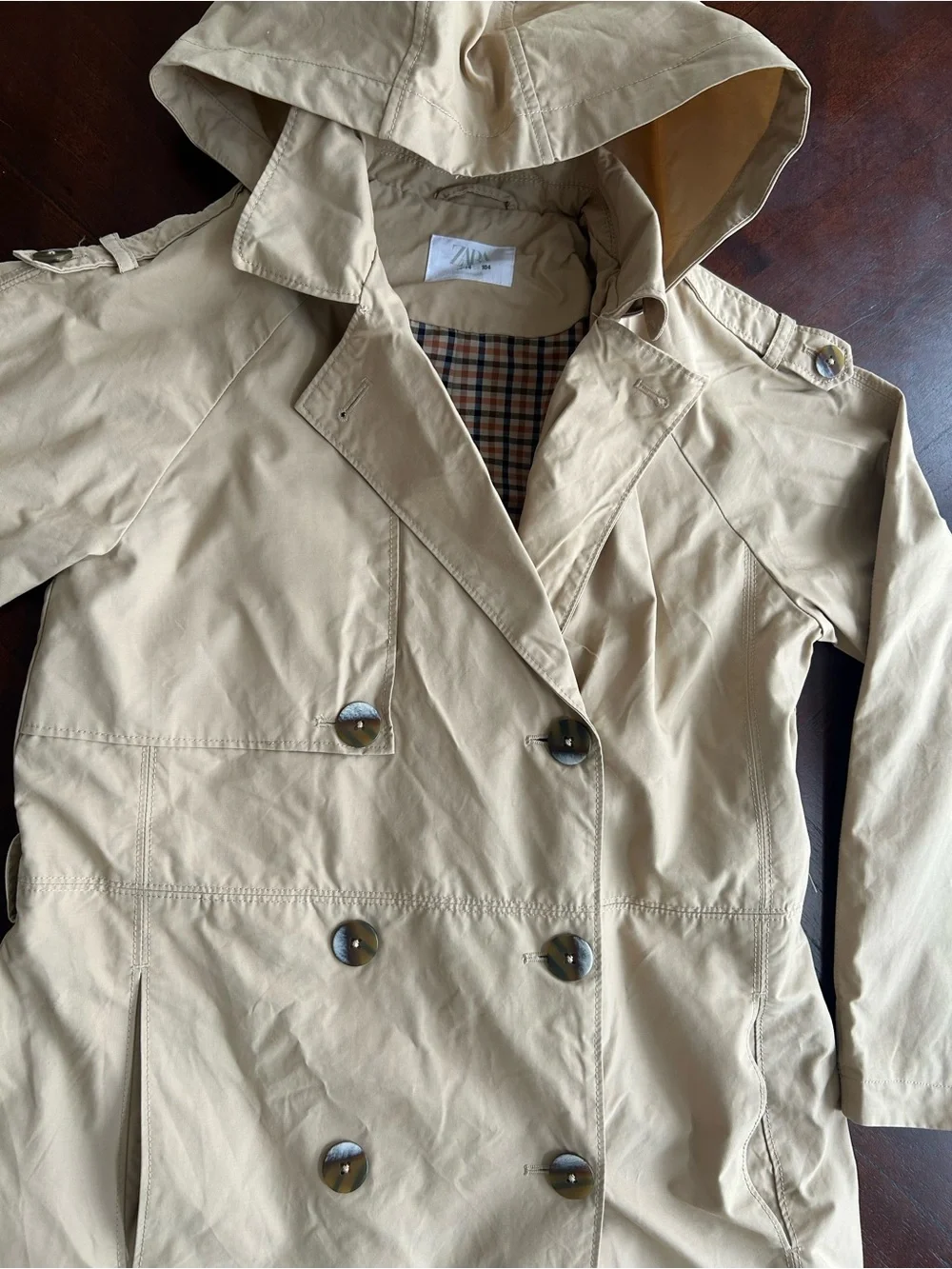Zara Hooded Double-Breasted Trench Coat in Beige girl size 13-14